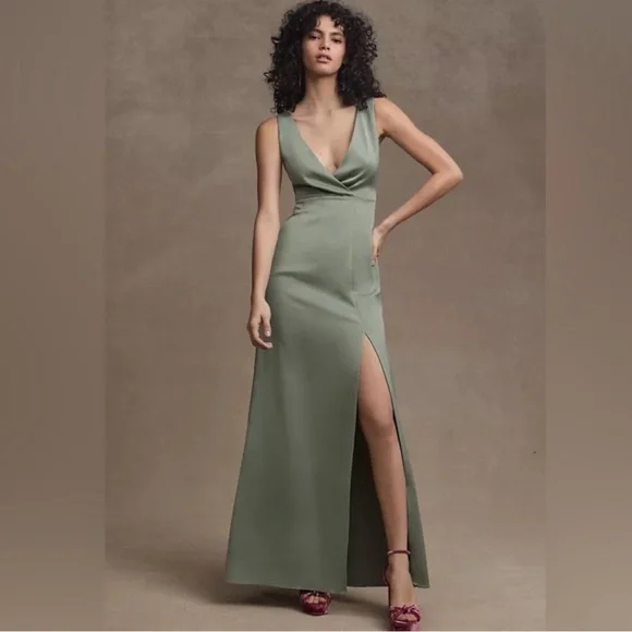 BHLDN NWT Anthropologie Piper V-Neck Side Slit Satin Gown Dress Size 0 Moss